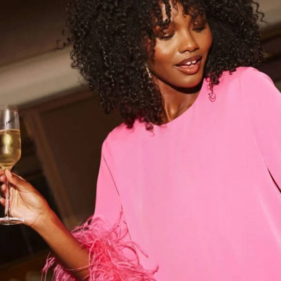 Elegant Pink Feather-Trimmed Dress - Picture 4 of 6